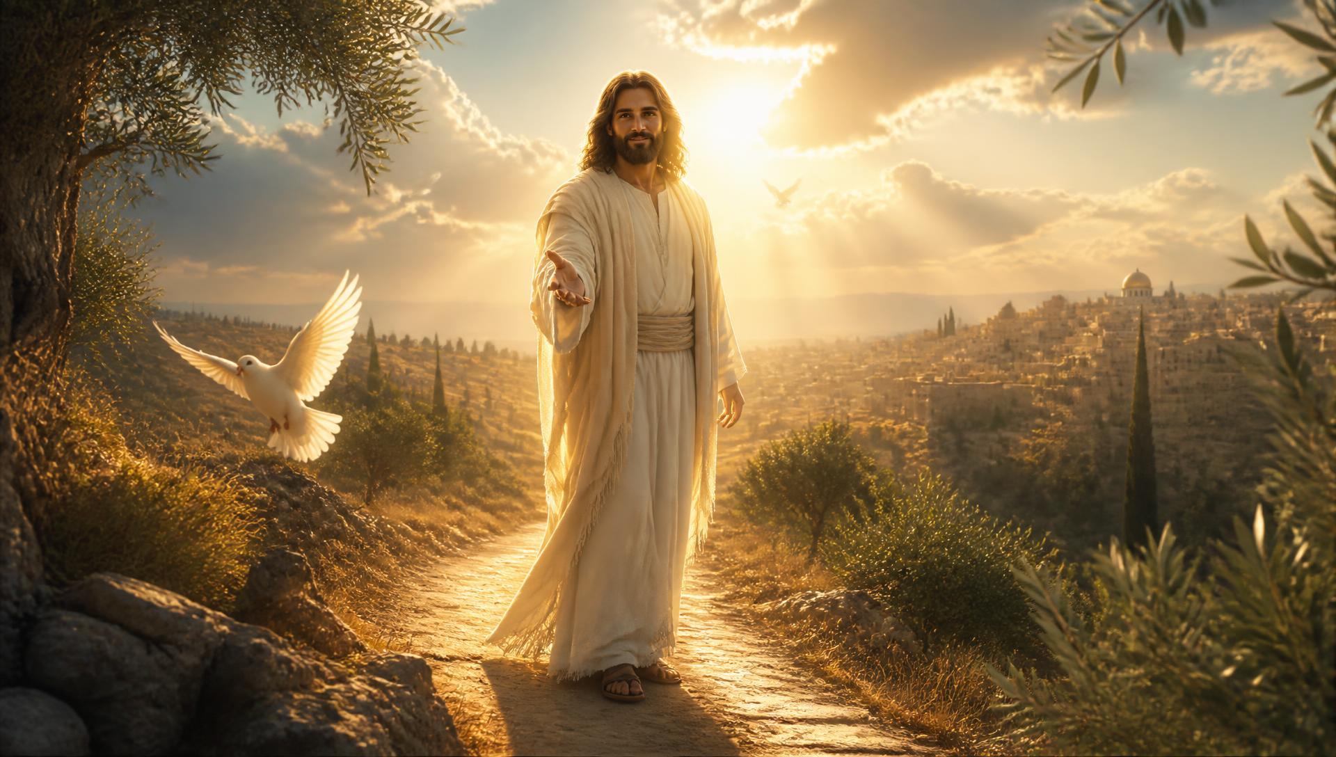 Jesús extendiendo la mano en un camino iluminado por la luz dorada